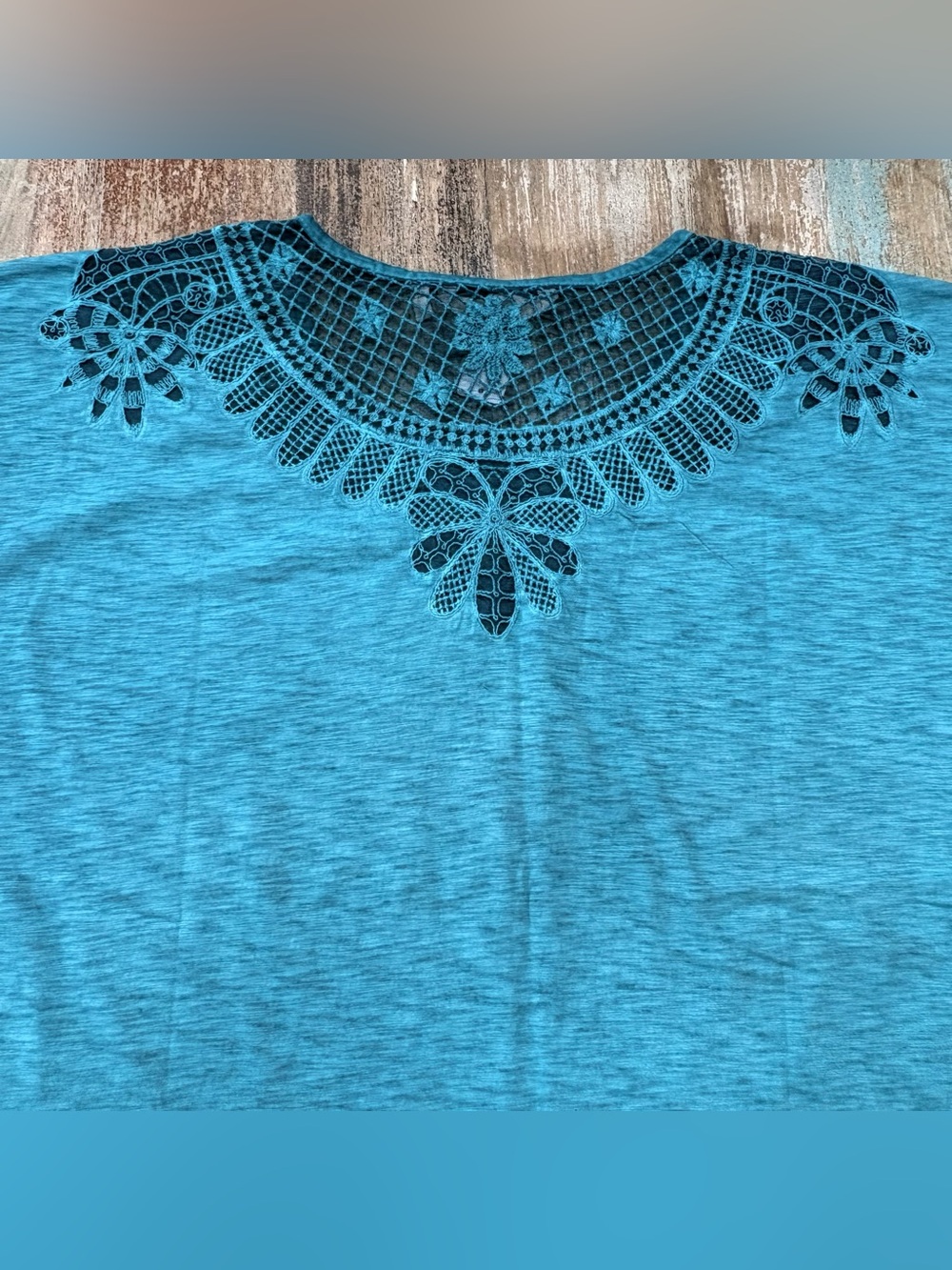 Soft Surroundings Teal Crochet Yoke Knit Top